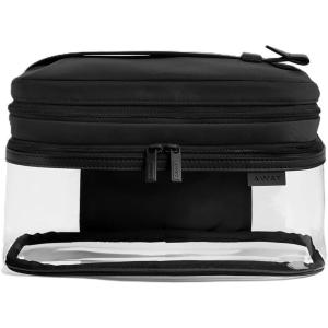 Away Clear Cosmetic Case for Travel, TSA Approved Double Compartment Makeup & Cosmetic Organizer with Leather Handle, Transparent Carry-On Pouch for Toiletries, Brushes & Essentials(Jet Black)
