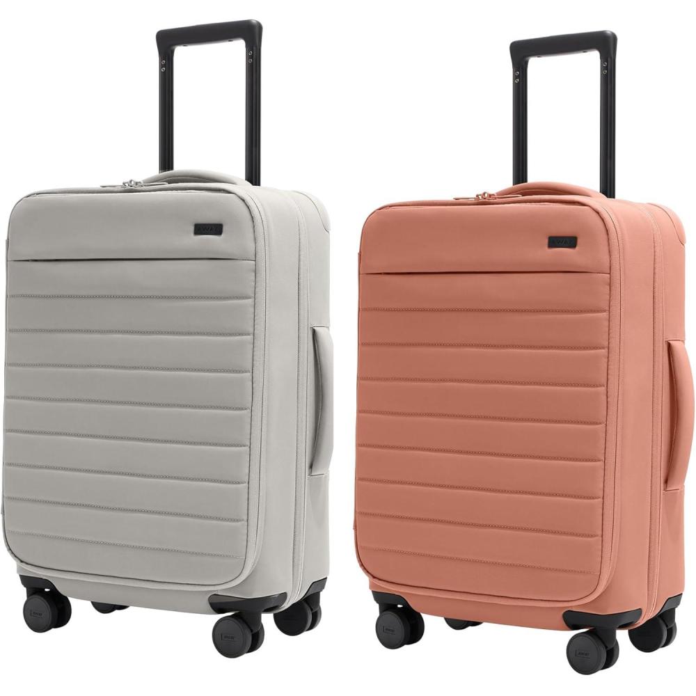 image:imageAway Bigger CarryOn Softside His amp Hers Travel Set 23 Inch Expandable Nylon Luggage With Spinner Wheels Cloud Gray and Clay Pink