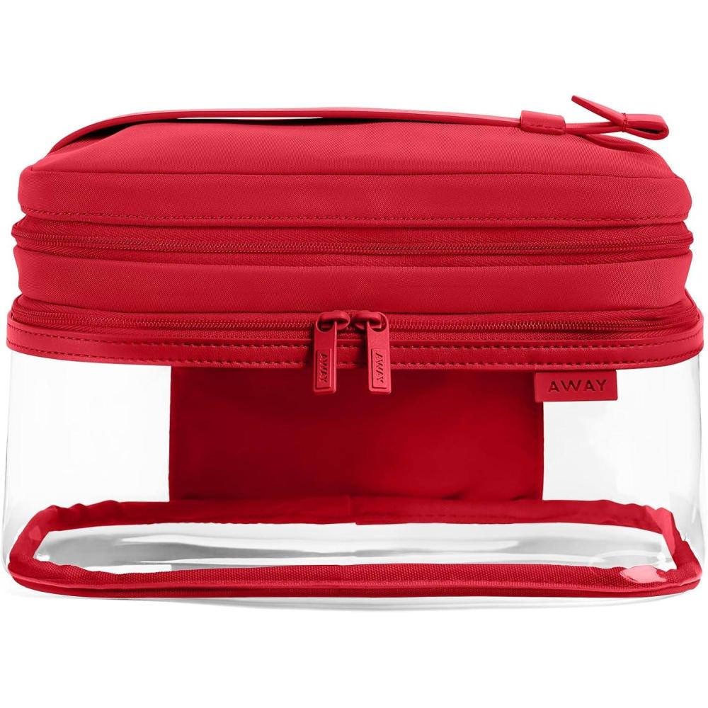 image:imageAway Clear Cosmetic Case for Travel TSA Approved Double Compartment Makeup amp Cosmetic Organizer with Leather Handle Transparent CarryOn Pouch for Toiletries Brushes amp Essentials Cherry RedCherry Red