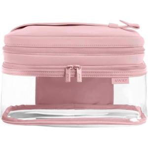 Away Clear Cosmetic Case for Travel, TSA Approved Double Compartment Makeup & Cosmetic Organizer with Leather Handle, Transparent Carry-On Pouch for Toiletries, Brushes & Essentials, Cherry Red(Blush Pink)