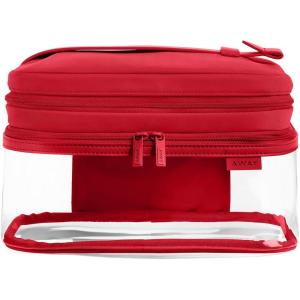 Away Clear Cosmetic Case for Travel, TSA Approved Double Compartment Makeup & Cosmetic Organizer with Leather Handle, Transparent Carry-On Pouch for Toiletries, Brushes & Essentials, Cherry Red(Cherry Red)